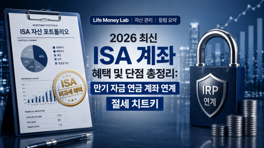 세련되고 깊이 있는 블루와 네이비 배경 위에, 한쪽에는 'ISA 비과세 혜택'이라는 금빛 도장이 찍힌 자산 포트폴리오 서류가 놓여 있고 다른 한쪽에는 든든하게 잠긴 연금 자물쇠(IRP 연계)가 X자 구도로 대조를 이루며, '2026 최신 ISA 계좌 혜택 및 단점 총정리: 만기 자금 연금 계좌 연계 절세 치트키' 타이포그래피가 감각적으로 결합된 매거진 스타일의 Life Money Lab 자산 관리 칼럼 요약 이미지