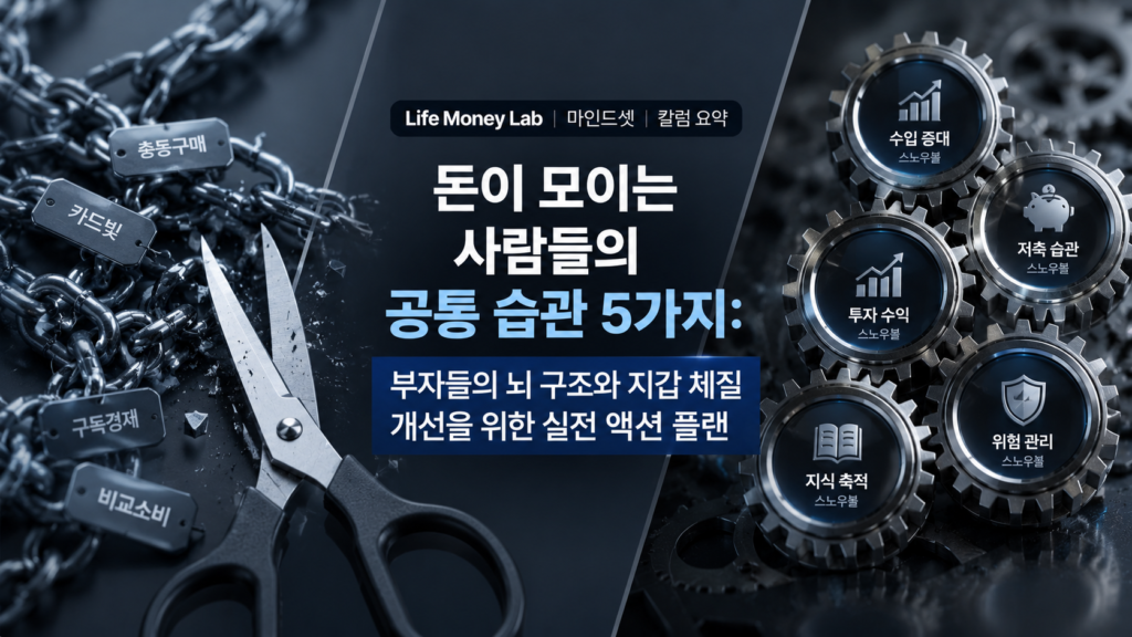 세련되고 이성적인 다크 그레이와 블루 배경 위에, 한쪽에는 복잡하게 얽힌 소비의 사슬을 끊어내는 가위가 보이고 다른 한쪽에는 정교한 시계 톱니바퀴처럼 맞물려 굴러가는 5가지 자산 스노우볼이 X자 구도로 배치되어 대조를 이루며, '돈이 모이는 사람들의 공통 습관 5가지: 부자들의 뇌 구조와 지갑 체질 개선을 위한 실전 액션 플랜' 타이포그래피가 감각적으로 결합된 매거진 스타일의 Life Money Lab 마인드셋 칼럼 요약 이미지