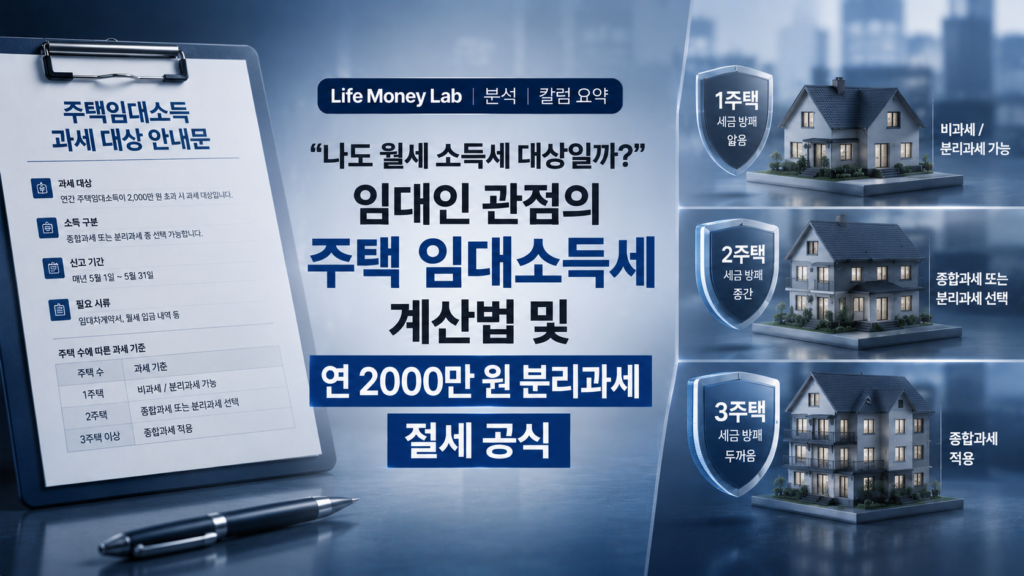 세련된 블루와 그레이색상 위에, 한쪽에는 '주택임대소득 과세 대상 안내문' 서류가 놓여 있고 다른 한쪽에는 주택 수(1주택, 2주택, 3주택)에 따라 세금 방패의 두께가 변하는 입체적인 주택 그래픽이 X자 구도로 배치되어 대조를 이루며, '"나도 월세 소득세 대상일까?" 임대인 관점의 주택 임대소득세 계산법 및 연 2000만 원 분리과세 절세 공식' 타이포그래피가 감각적으로 결합된 매거진 스타일의 Life Money Lab 분석 칼럼 요약 이미지
