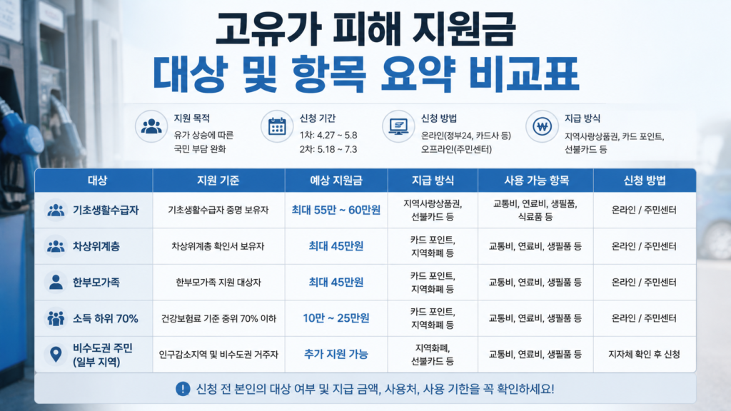 Life Money Lab이 정리한 고유가 피해 지원금 대상 및 항목 요약 비교표 이미지