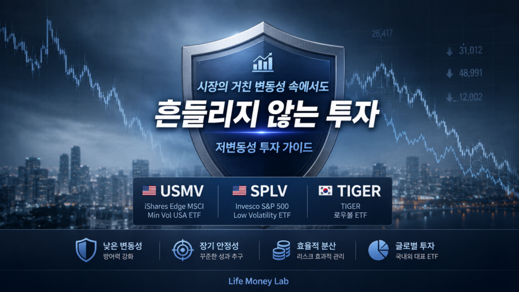 시장의 거친 주가 그래프 배경 위로 깔끔한 방패 아이콘과 국내외 대표 로우볼 ETF(USMV, SPLV, TIGER) 명칭을 타이포그래피로 결합한 Life Money Lab의 저변동성 투자 가이드 요약 이미지