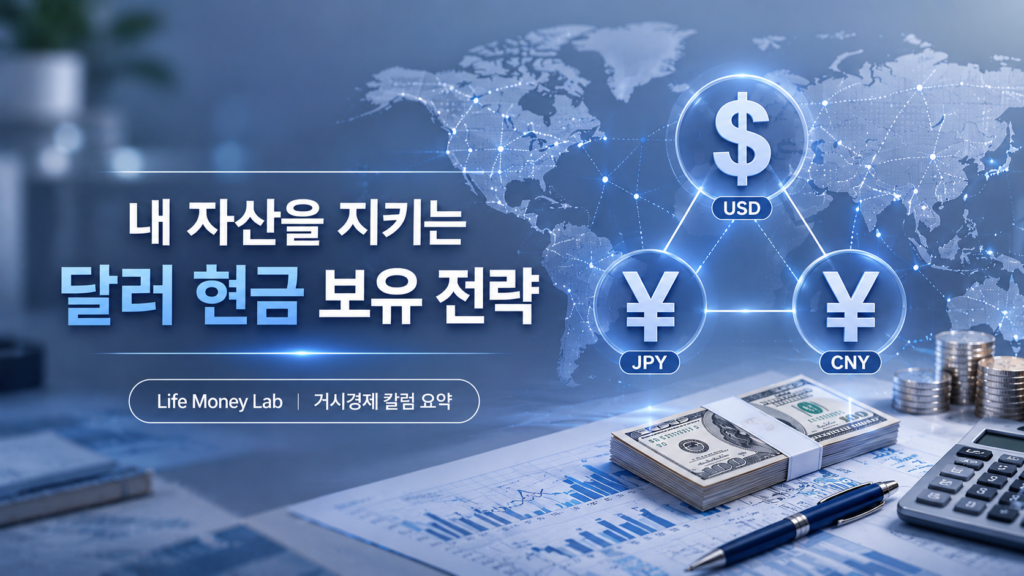 세계 지도 배경 위로 미국 달러($), 일본 엔(¥), 중국 위안(¥) 기호가 삼각형 구도로 배치되어 있고, '내 자산을 지키는 달러 현금 보유 전략' 타이포그래피가 깔끔하게 결합된 Life Money Lab의 거시경제 칼럼 요약 이미지