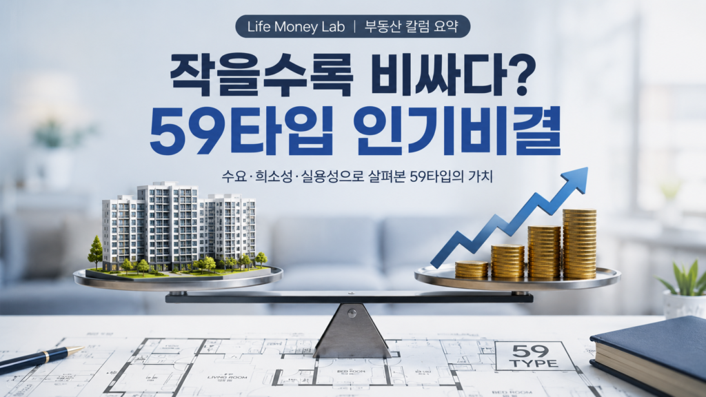 그레이톤의 배경위에 아파트를 저울에 올려두고 59타입 소형 평형의 인기와 자산가치가 상향하는 부동산 칼럼 요약 이미지
