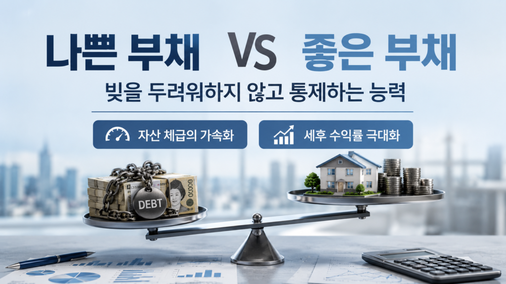 나쁜 부채와 ,좋은 부채가 완벽한 대조를 이루며 '부자들의 남의 돈으로 자산 속도 올리는 공식' 타이포그래피가 감각적으로 결합된 요약 이미지