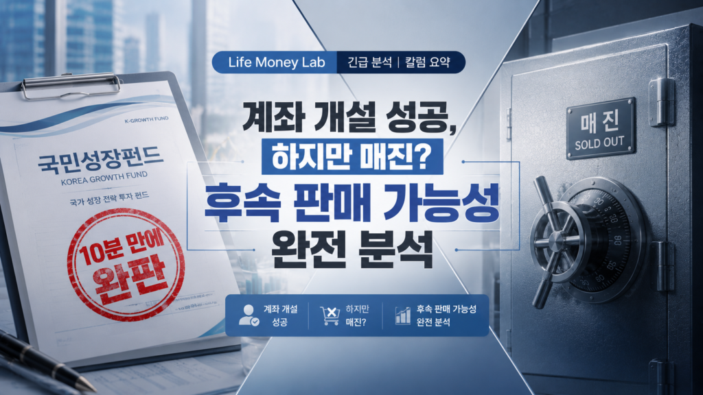 세련되고 톤다운된 그레이와 네이비 배경 위에, 한쪽에는 '10분 만에 완판'이라는 붉은색 스탬프가 찍힌 국민성장펀드 서류가 놓여 있고 다른 한쪽에는 굳게 닫힌 금고 문이 X자 구도로 대조를 이루며, '계좌 개설 성공, 하지만 매진? 후속 판매 가능성 완전 분석' 타이포그래피가 감각적으로 결합된 매거진 스타일의 Life Money Lab 긴급 분석 칼럼 요약 이미지