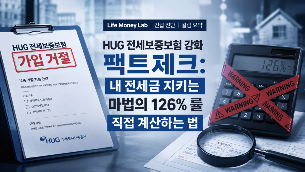 세련되고 차가운 느낌의 톤다운된 그레이와 딥블루 배경 위에, 한쪽에는 'HUG 보증 가입 거절' 문구가 선명한 계약서 서류가 놓여 있고 다른 한쪽에는 붉은색 경고선이 그어진 계산기와 돋보기가 X자 구도로 배치되어 대조를 이루며, 'HUG 전세보증보험 강화 팩트체크: 내 전세금 지키는 마법의 126% 룰 직접 계산하는 법' 타이포그래피가 감각적으로 결합된 매거진 스타일의 Life Money Lab 긴급 진단 칼럼 요약 이미지