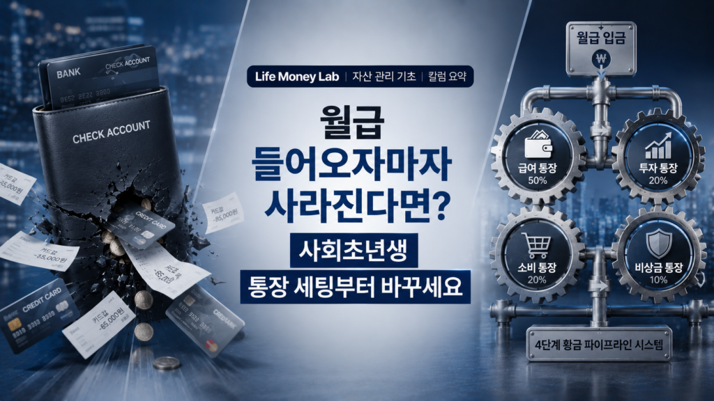 세련되고 감각적인 톤다운된 하늘색과 네이비 배경 위에, 한쪽에는 월급이 들어오자마자 카드값으로 사방으로 흩어지는 밑 빠진 독 형상의 통장이 보이고 다른 한쪽에는 톱니바퀴처럼 정교하게 맞물려 급여-투자-소비-비상금으로 돈을 차단·분류해 주는 4단계 황금 파이프라인 시스템이 X자 구도로 배치되어 대조를 이루며, '월급 들어오자마자 사라진다면? 사회초년생 통장 세팅부터 바꾸세요' 타이포그래피가 감각적으로 결합된 매거진 스타일의 Life Money Lab 자산 관리 기초 칼럼 요약 이미지