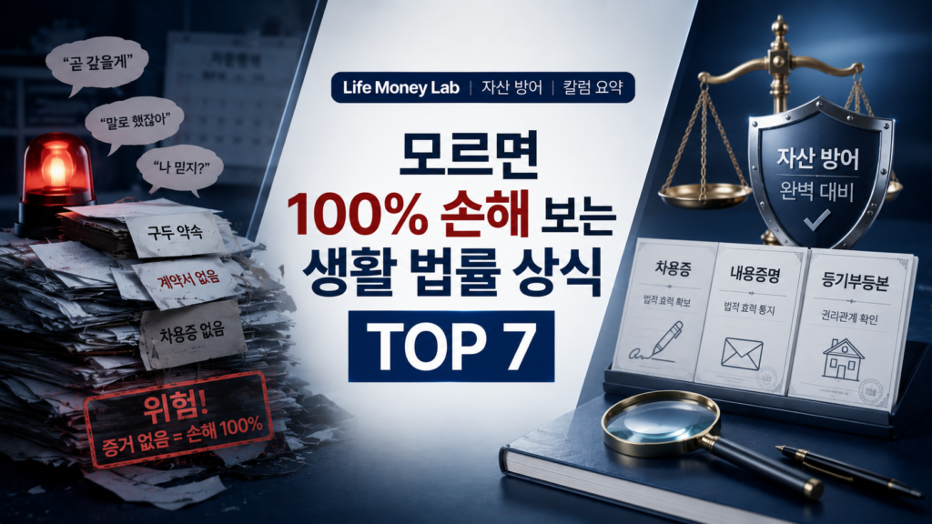 신뢰감을 주는 깊은 네이비와 깔끔한 화이트 배경 위에, 한쪽에는 계약서나 차용증 없이 구두 약속만으로 돈을 주고받다가 붉은색 경고등이 켜진 불안정한 서류 더미가 보이고, 다른 한쪽에는 돋보기와 법원의 저울 아이콘 아래 차용증·내용증명·등기부등본이 체계적으로 정돈되어 자산을 굳건히 방어하는 형상이 대조를 이루며, '모르면 100% 손해 보는 생활 법률 상식 TOP 7' 타이포그래피가 감각적으로 결합된 매거진 스타일의 Life Money Lab 자산 방어 칼럼 요약 이미지