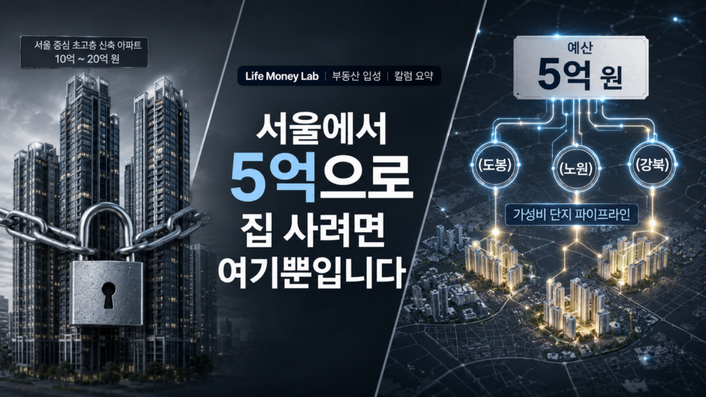 모던하고 신뢰감을 주는 딥그레이와 그레이 컬러 배경 위에, 한쪽에는 10억~20억 원을 호가하는 서울 중심부의 화려한 초고층 신축 아파트 실루엣에 자물쇠가 채워진 모습이 보이고, 다른 한쪽에는 5억 원이라는 예산 팻말과 함께 (도봉), (노원) (강북) 파이프라인이 정교한 회로처럼 연결되어 가성비 단지를 환하게 비추는 대조적 구도로, '서울에서 5억으로 집 사려면 여기뿐입니다' 타이포그래피가 결합된 매거진 스타일의 Life Money Lab 부동산 입성 칼럼 요약 이미지