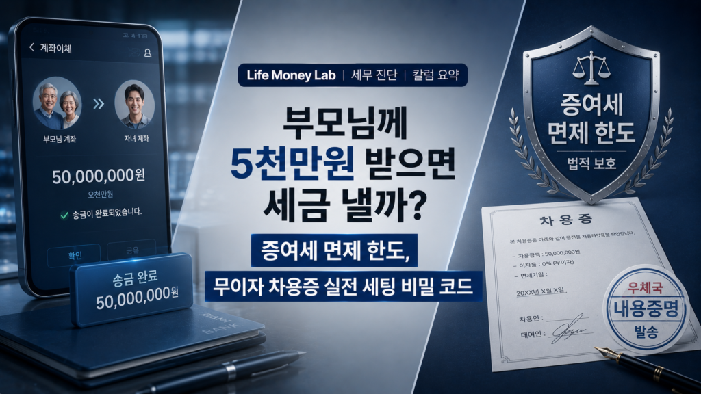세련되고 이성적인 블루 와 차분한 그레이 배경 위에, 한쪽에는 부모와 자식 간에 오가는 따뜻한 5,000만 원의 금융 계좌 송금 화면이 입체적으로 시각화되어 있고 다른 한쪽에는 든든한 법적 증여세 면제 한도 방패와 우체국 내용증명이 찍힌 정교한 차용증 문서가 X자 구도로 배치되어 대조를 이루며, '부모님께 5천만원 받으면 세금 낼까? 증여세 면제 한도, 무이자 차용증 실전 세팅 비밀 코드' 타이포그래피가 감각적으로 결합된 매거진 스타일의 Life Money Lab 세무 진단 칼럼 요약 이미지