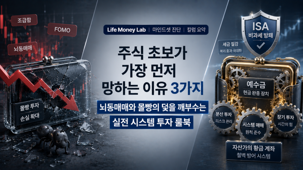 세련되고 이성적인 다크 그레이와 블루 배경 위에, 한쪽에는 조급함과 포모(FOMO)로 인해 붉은색 하락 화살표를 맞고 균열이 가는 개미 투자자의 유리 지갑이 보이고 다른 한쪽에는 톱니바퀴처럼 정교하게 맞물려 예수금과 ISA 비과세 방패로 자산을 철벽 방어하는 자산가의 황금 계좌가 X자 구도로 배치되어 강렬하게 대조를 이루며, '주식 초보가 가장 먼저 망하는 이유 3가지: 뇌동매매와 몰빵의 덫을 깨부수는 실전 시스템 투자 룰북' 타이포그래피가 감각적으로 결합된 매거진 스타일의 Life Money Lab 마인드셋 진단 칼럼 요약 이미지