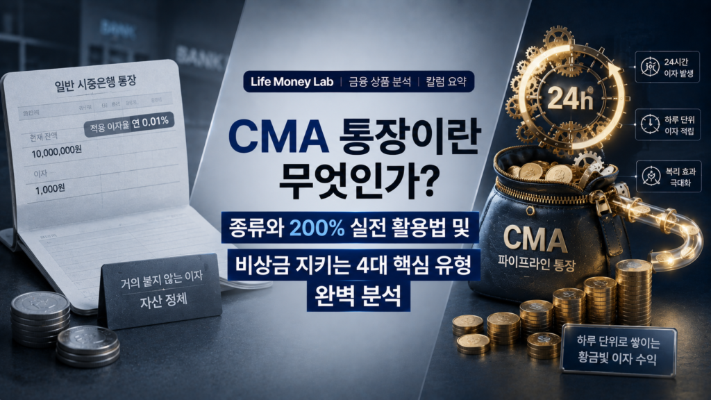 세련되고 이성적인 블루와 차분한그레이 배경 위에, 한쪽에는 이자가 거의 붙지 않아 정체된 일반 시중은행 통장이 보이고 다른 한쪽에는 24시간 시계 톱니바퀴가 돌아가며 하루 단위로 황금빛 이자가 툭툭 쌓이는 정교한 CMA 파이프라인 주머니가 X자 구도로 배치되어 대조를 이루며, 'CMA 통장이란 무엇인가? 종류와 200% 실전 활용법 및 비상금 지키는 4대 핵심 유형 완벽 분석' 타이포그래피가 감각적으로 결합된 매거진 스타일의 Life Money Lab 금융 상품 분석 칼럼 요약 이미지