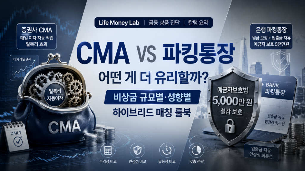 세련되고 이성적인 블루와 차분한 실버 그레이 배경 위에, 한쪽에는 매일 일복리 톱니바퀴가 돌아가며 이자를 꽂아주는 증권사 CMA 주머니가 보이고 다른 한쪽에는 5,000만 원 예금자보호법 철갑 방패를 두른 은행 파킹통장이 X자 구도로 배치되어 팽팽하게 대조를 이루며, 'CMA vs 파킹통장 어떤 게 더 유리할까? 비상금 규모별·성향별 하이브리드 매칭 룰북' 타이포그래피가 감각적으로 결합된 매거진 스타일의 이미지