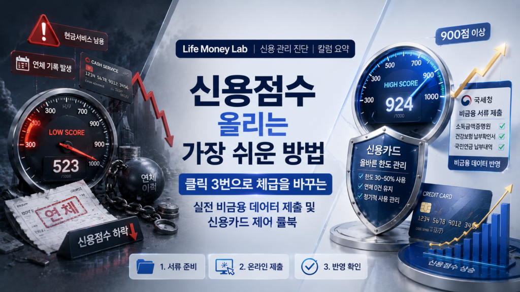 블루와 깔끔한 라이트 그레이 배경 위에, 한쪽에는 무분별한 현금서비스와 연체로 인해 붉은색 경고등이 켜진 낮은 신용점수 계기판이 보이고 다른 한쪽에는 국세청 비금융 서류 제출과 올바른 신용카드 한도 방패를 통해 신용점수가 900점 이상 황금빛 우상향 그래프로 솟구치는 시스템이 X자 구도로 배치되어 대조를 이루며, '신용점수 올리는 가장 쉬운 방법: 클릭 3번으로 체급을 바꾸는 실전 비금융 데이터 제출 및 신용카드 제어 룰북 이미지