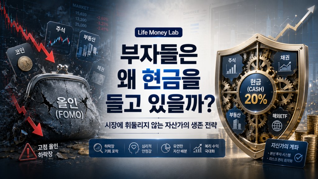 블루와 차분한 골드그레이 배경 위에, 한쪽에는 조급함(FOMO)으로 인해 고점에서 모든 자산에 올인했다가 하락장 화살표를 맞고 균열이 가는 개미의 지갑이 보이고 다른 한쪽에는 톱니바퀴처럼 정교한 포트폴리오 방패 속에서 자산의 20%를 탄탄한 현금(Cash)으로 비축해 둔 자산가의 계좌가 X자 구도로 배치되어 팽팽하게 대조를 이루며 '부자들은 왜 현금을 들고 있을까? 감각적으로 결합된 매거진 스타일의 요약 이미지