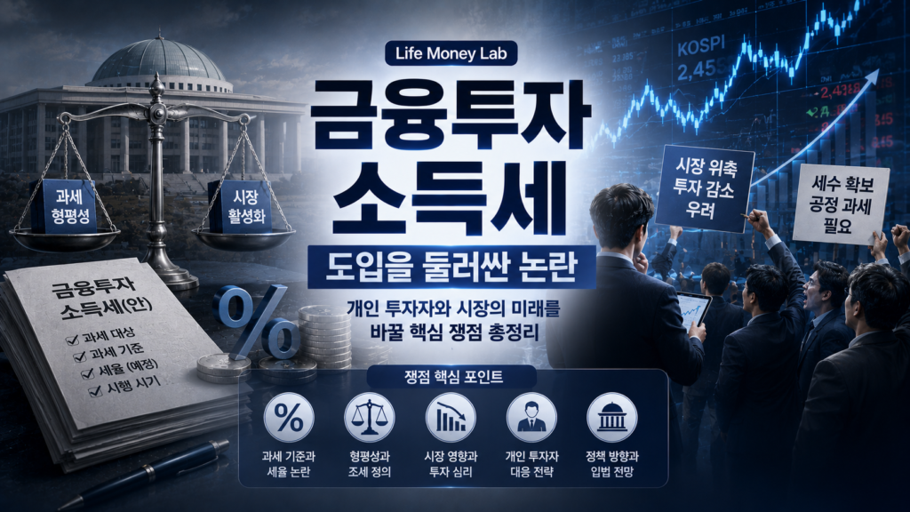 금융투자소득세 도입을 둘러싼 논란 과 쟁점 핵심포인트를 다룬내용으로 디테일하게 정리한 톤다운된 하늘색과 그레이, 블루톤으로 만들어진 이미지