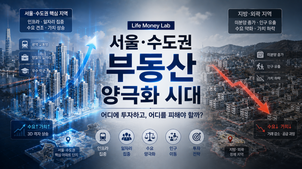 블루와 소프트 그레이 배경 위에, 한쪽에는 인프라와 일자리가 집중되어 3D 격자로 우뚝 솟아오르는 서울·수도권 핵심 아파트 단지 지도가 보이고 다른 한쪽에는 미분양과 인구 유출로 인해 붉은색 하락 화살표가 그려진 외곽 지역의 정체된 주택가가 X자 구도로 배치되어 극명하게 대조를 이루며, '서울·수도권 부동산 양극화 시대를 감각적으로 결합된 요약 이미지