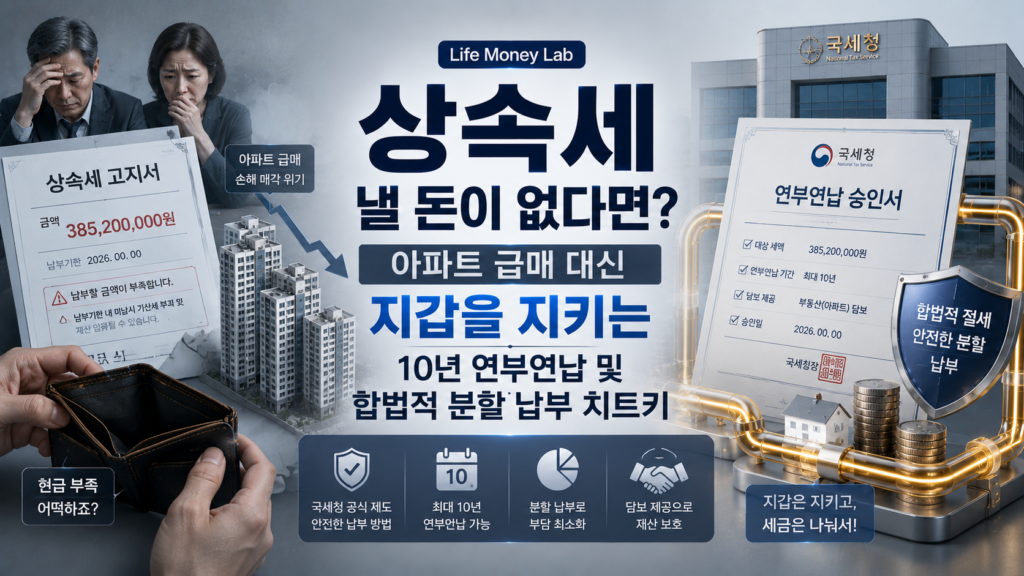 차분한 실버 배경 위에, 한쪽에는 갑작스러운 수억 원의 상속세 고지서를 받고 현금이 없어 당황해하는 유족의 텅 빈 지갑이 보이고 다른 한쪽에는 세무서에 담보를 제공하고 10년 동안 세금을 부드럽게 쪼개어 내는 국세청 공식 연부연납 승인 문서와 황금빛 파이프라인 방어선이 X자 구도로 배치되어 대조를 이루며, '상속세 낼 돈이 없다면? 아파트 급매 대신 지갑을 지키는 10년 연부연납 및 합법적 분할 납부 치트키' 타이포그래피가 감각적으로 결합된 이미지