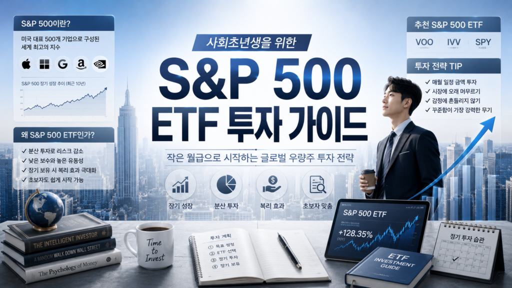사회초년생을 위한 S&P 500 ETF 투자 가이드를 실사에 가까운 바탕화면에 디테일하게 정리한 설명들로 톤다운된 하늘색과 그레이, 블루톤으로 세련되고 깔끔한 매거진 스타일 이미지