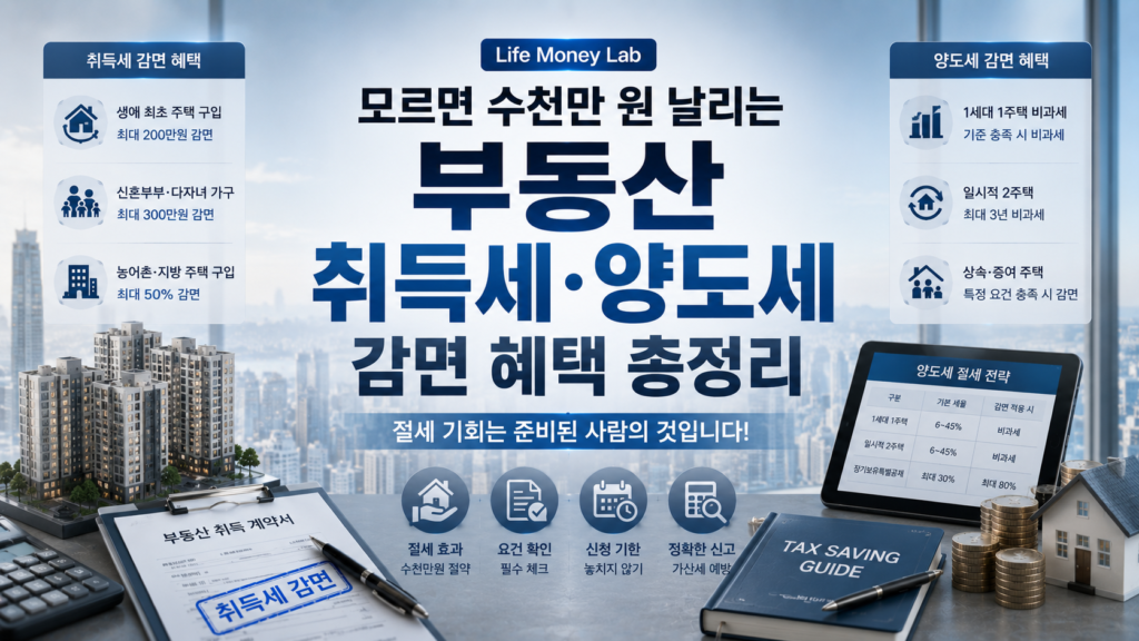부동산 취득세·양도세 감면 혜택 총정리 (2026 최신판) 를 실사에 가까운 바탕화면에 디테일하게 정리한 설명들로 톤다운된 하늘색과 그레이, 블루톤으로 세련되고 깔끔한 매거진 스타일 이미지