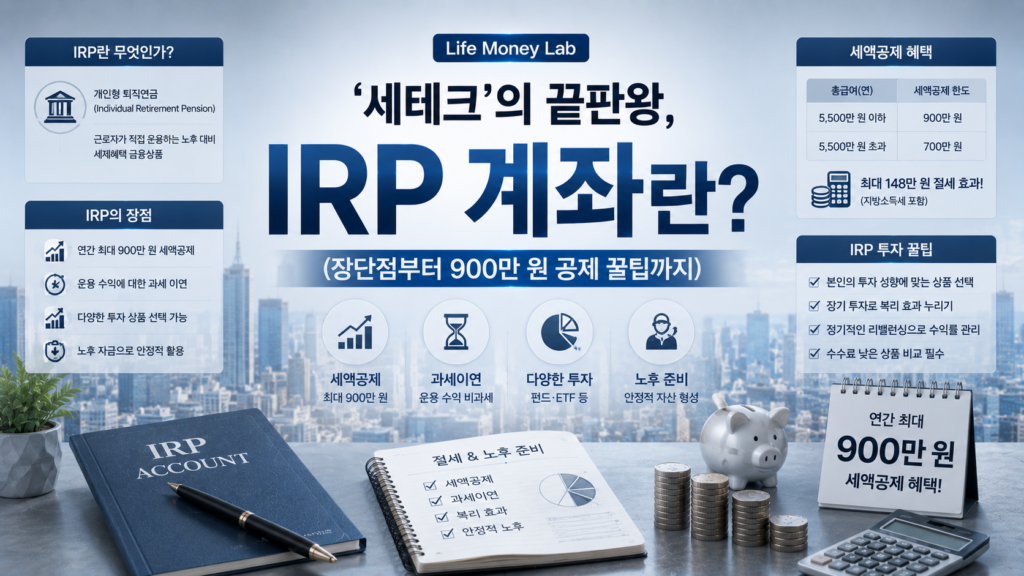 '세테크'의 끝판왕, IRP 계좌란? (장단점부터 900만 원 공제)를 실사에 가까운 바탕화면에 디테일하게 정리한 설명들로 톤다운된 하늘색과 그레이, 블루톤으로 세련되고 깔끔한 매거진 스타일 이미지
