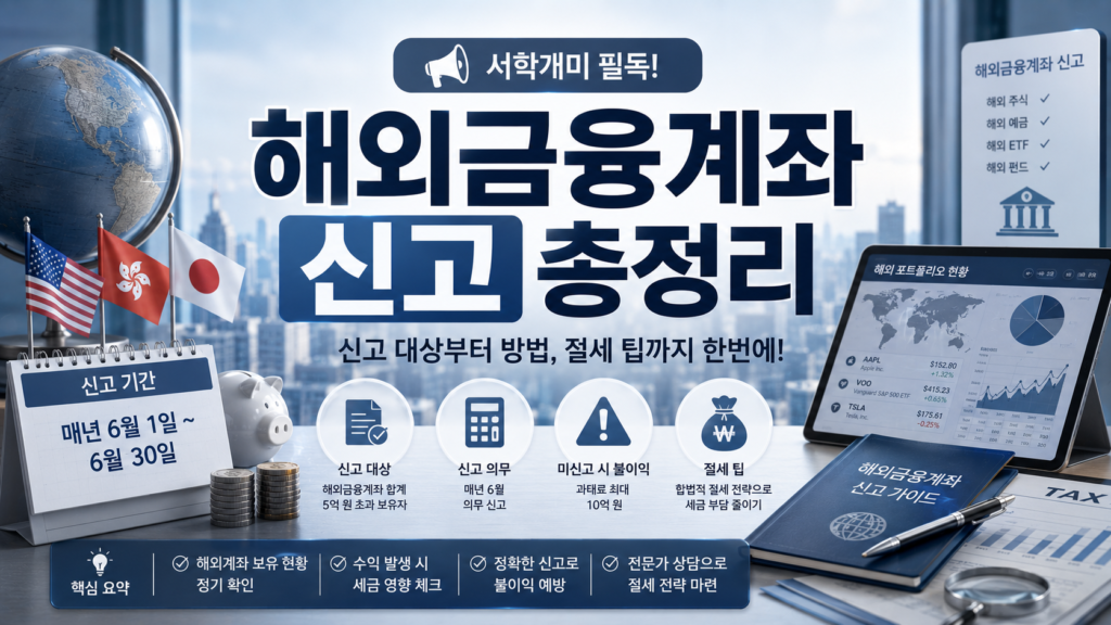 서학개미 필독! '해외금융계좌 신고 방법을 실사에 가까운 바탕화면에 디테일하게 정리한 설명들로 톤다운된 하늘색과 그레이, 블루톤으로 세련되고 깔끔한 매거진 스타일 이미지
