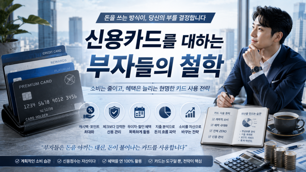 신용카드를 대하는 부자들의 4가지 철학 내용을 실사에 가까운 바탕화면에 디테일하게 정리한 설명들로 톤다운된 하늘색과 그레이, 블루톤으로 세련되고 깔끔한 매거진 스타일 이미지