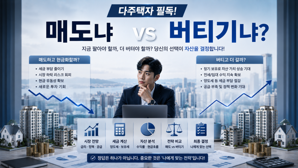 다주택자 필독! 매도냐 버티기냐? 각 설정 내용을 실사에 가까운 바탕화면에 디테일하게 정리한 설명들로 톤다운된 하늘색과 그레이, 블루톤으로 세련되고 깔끔한 매거진 스타일 이미지