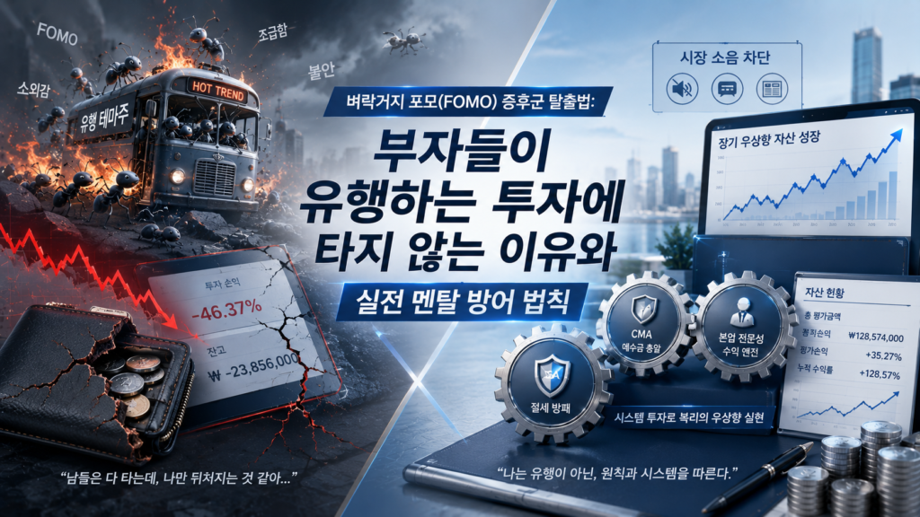 블루와 차분한 플래티넘 그레이 배경 위에, 한쪽에는 소외감(FOMO)과 조급함에 눈이 멀어 화려하게 불타오르는 유행 테마주 버스에 올라타려다 붉은색 잔고 균열을 맞이한 개미의 지갑이 보이고 다른 한쪽에는 시장의 소음을 차단한 채 ISA 방패와 CMA 예수금 총알, 그리고 본업의 전문성이라는 단단한 3대 톱니바퀴 시스템 속에서 평온하게 우상향 그래프를 그리는 자산가의 계좌가 X자 구도로 배치되어 대조를 이루며, '벼락거지 포모(FOMO) 증후군 탈출법: 부자들이 유행하는 투자에 타지 않는 이유와 실전 멘탈 방어 법칙 " 매거진 스타일 이미지