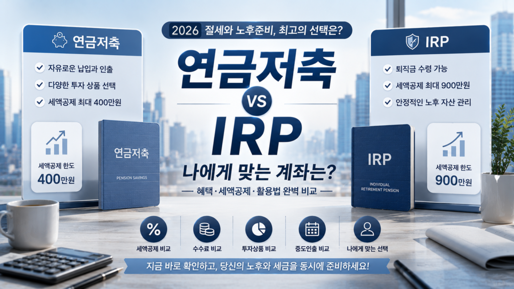 연금저축과 irp의 각각 계좌 의 특징을 비교하고 대조하는 내용을 담은 타이포그래피형 이미지