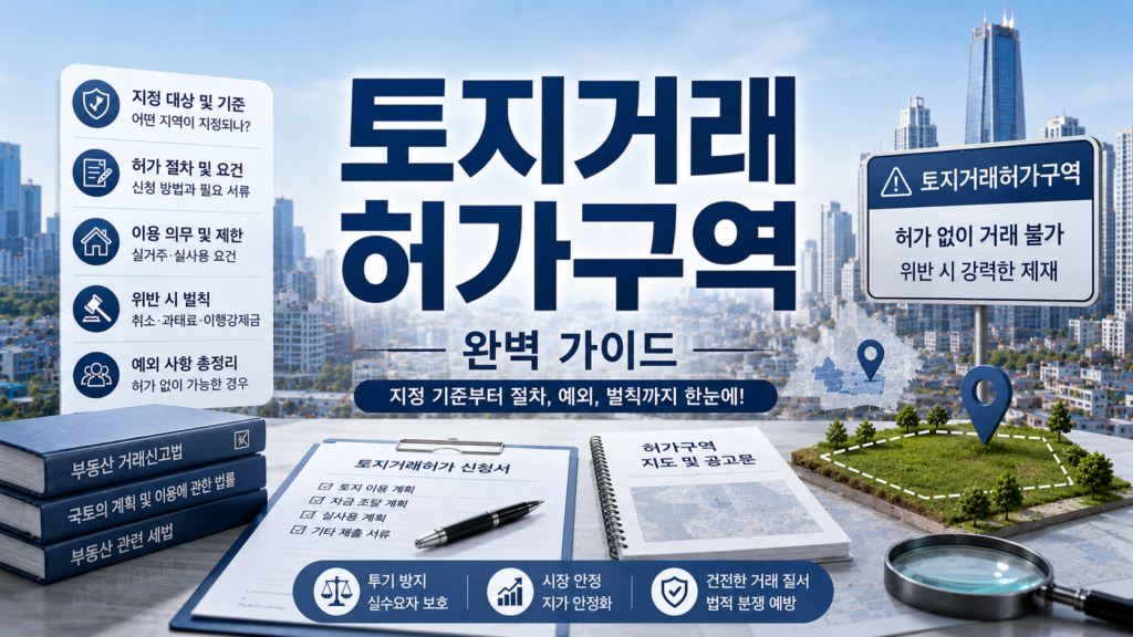 토지거래허가구역 완벽 가이드를 실사에 가까운 바탕화면에 디테일하게 정리한 설명들로 톤다운된 하늘색과 그레이, 블루톤으로 세련되고 깔끔한 매거진 스타일 이미지
