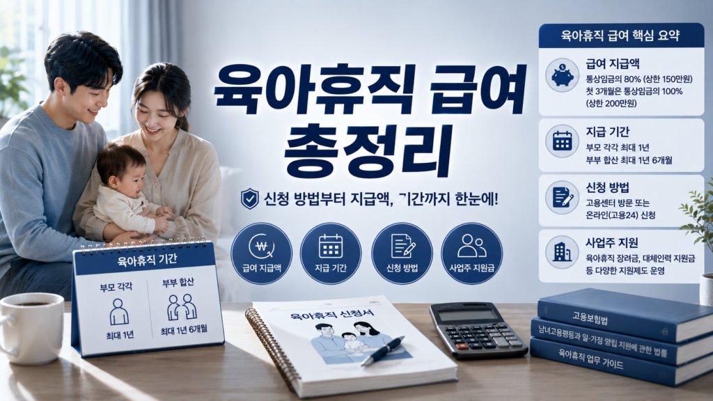 육아휴직 급여 총정리를 실사에 가까운 바탕화면에 디테일하게 정리한 설명들로 톤다운된 하늘색과 그레이, 블루톤으로 세련되고 깔끔한 매거진 스타일 이미지

