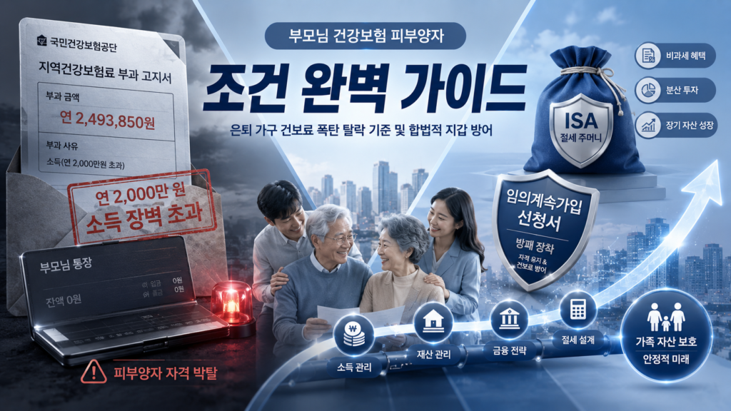 블루와 차분한 실버 그레이 배경 위에, 한쪽에는 국민건강보험공단으로부터 날아온 '지역건강보험료 부과 고지서'와 연 2,000만 원 소득 장벽에 걸려 빨간색 자격 박탈 경고등이 켜진 부모님의 텅 빈 통장이 보이고 다른 한쪽에는 ISA 절세 주머니와 임의계속가입 신청서 방패를 정교하게 장착하여 건보료 누수를 완벽하게 차단하고 우상향하는 가족의 자산 파이프라인이 X자 구도로 배치되어 극명하게 대조를 이루며, '부모님 건강보험 피부양자 조건 완벽 가이드: 은퇴 가구 건보료 폭탄 탈락 기준 및 합법적 지갑 방어' 감각적으로 결합된 매거진 스타일 이미지