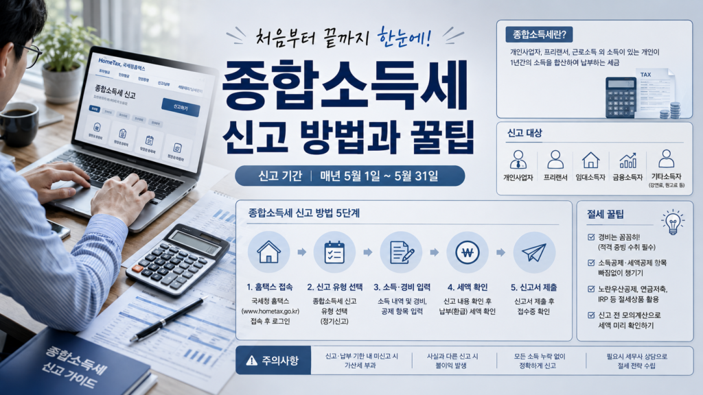 종합소득세 신고 방법과 꿀팁 '를 실사에 가까운 바탕화면에 디테일하게 정리한 설명들로 톤다운된 하늘색과 그레이, 블루톤으로 세련되고 깔끔한 매거진 스타일 이미지