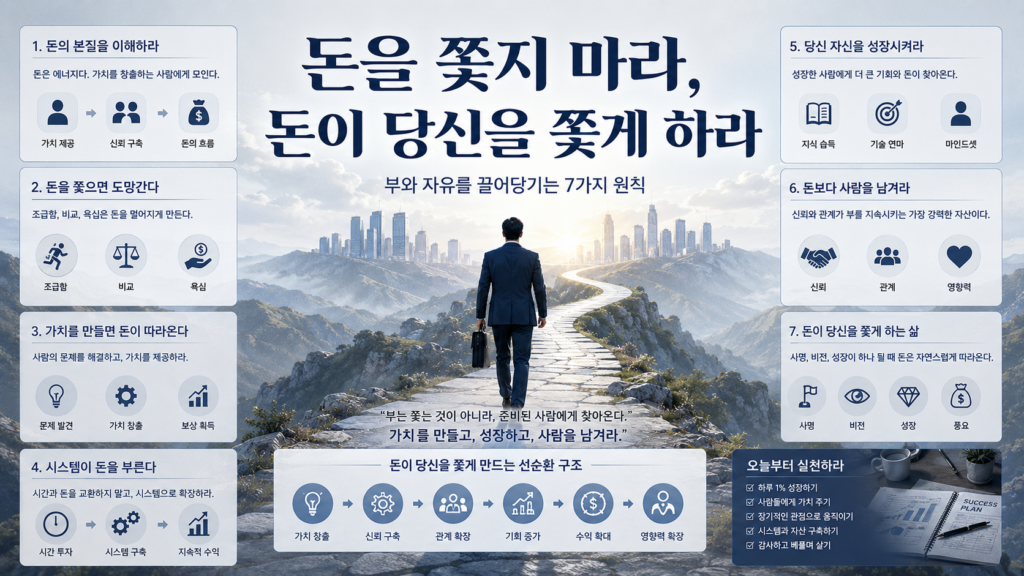 돈을 쫓지 마라, 돈이 당신을 쫓게 하라를 주제로 실사에 가까운 바탕화면에 디테일하게 정리한 설명들로 톤다운된 하늘색과 그레이, 블루톤으로 세련되고 깔끔한 매거진 스타일 이미지