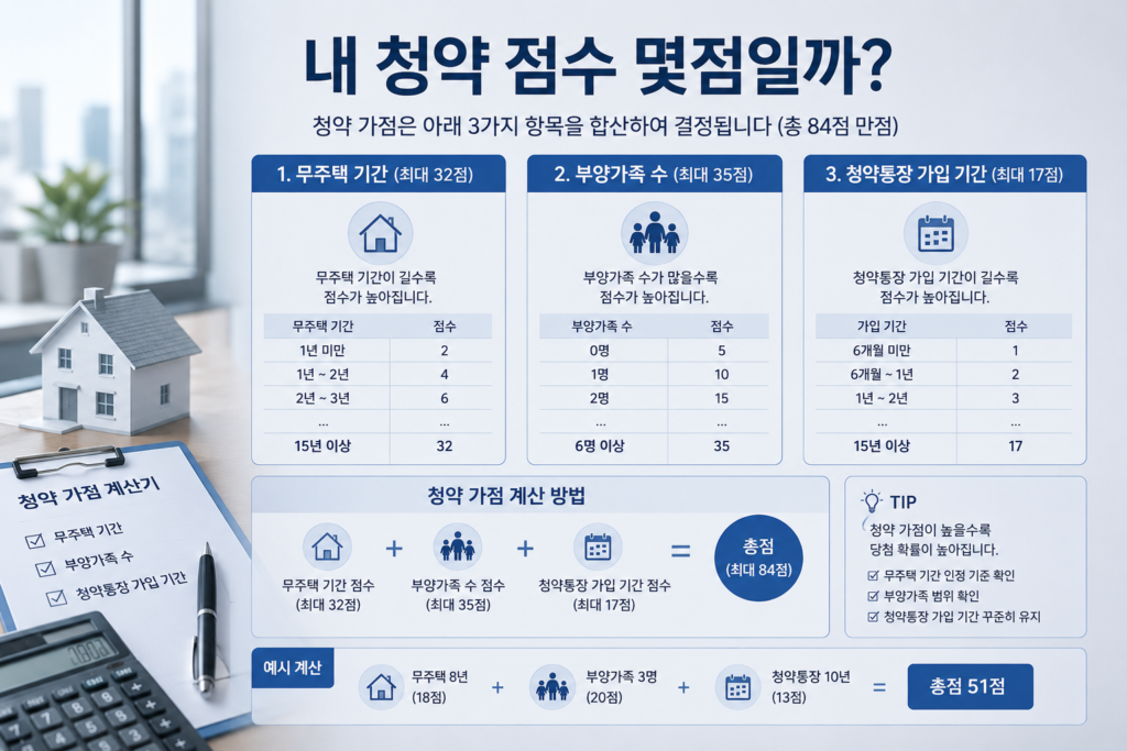 내 청약 점수 몇점일까? 계산 예시를 실사에 가까운 바탕화면에 간단하게 정리한 설명들로 톤다운된 하늘색과 그레이, 블루톤으로 세련되고 깔끔한 매거진 스타일 이미지