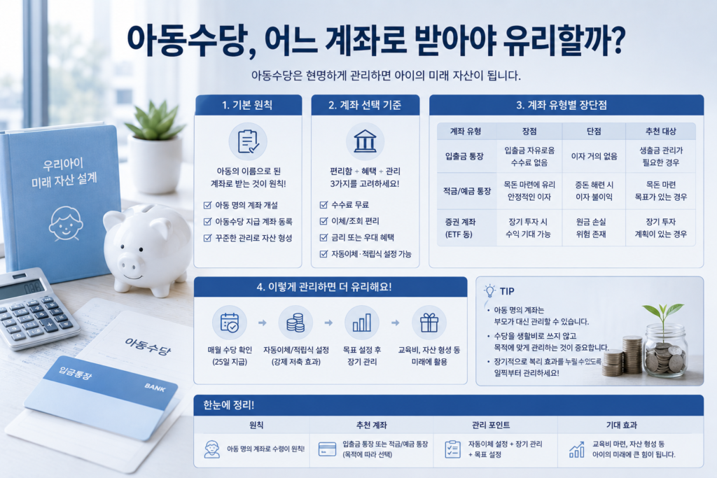 아동수당, 어느 계좌로 받아야 유리할까? 를 주제로 실사에 가까운 바탕화면에 간단 명료하게 정리한 설명들로 톤다운된 하늘색과 그레이, 블루톤으로 세련되고 깔끔한 매거진 스타일 이미지