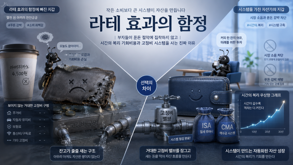 블루와 차분한 플래티넘 그레이 배경 위에, 한쪽에는 몇천 원짜리 커피값을 아끼려 전전긍긍하며 극심한 피로감에 갇혀있지만 정작 거대한 고정비 구멍으로 잔고가 줄줄 새고 있는 개미의 찌그러진 지갑이 보이고 다른 한쪽에는 시장의 소음과 푼돈 강박을 차단한 채 커피 한 잔의 여유를 즐기며 대형 고정비 밸브를 잠그고 ISA 절세 주머니와 CMA 예수금 시스템 속에서 시간의 복리 우상향 그래프를 평온하게 그려가는 자산가의 지갑 경영 대장이 X자 구도로 배치되어 대조를 이루며, '라테 효과의 함정: 부자들이 푼돈 절약에 집착하지 않고 시간의 복리 기회비용과 고정비 시스템을 사는 진짜 이유' 감각적으로 결합된 매거진 스타일 요약 이미지