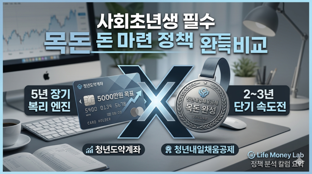 5년 장기 복리 엔진을 상징하는 청년도약계좌 카드와 2~3년 단기 속도전을 상징하는 청년내일채움공제 메달이 정중앙의 'X'자 구도로 날카롭게 대조를 이루며 '사회초년생 필수 목돈 마련 정책 치트키 완벽 비교' 타이포그래피가 감각적으로 결합된 매거진 스타일의 Life Money Lab 정책 분석 칼럼 요약 이미지