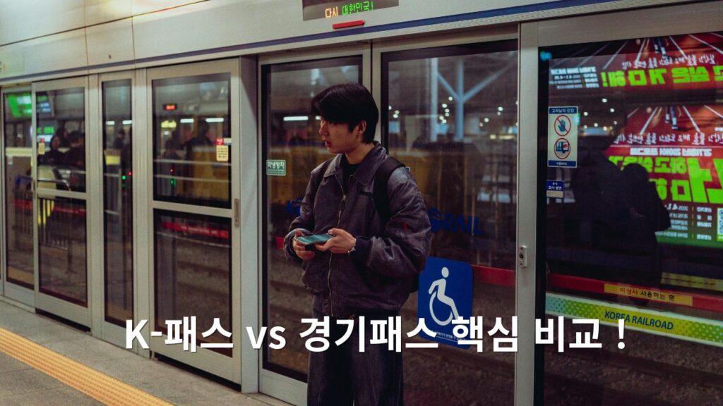 지하철 승강장에서 스마트폰을 들여다보는 청년 사진 위에 'K-패스 vs 경기패스 핵심 비교' 문구를 결합한 Life Money Lab의 대중교통 혜택 요약 이미지