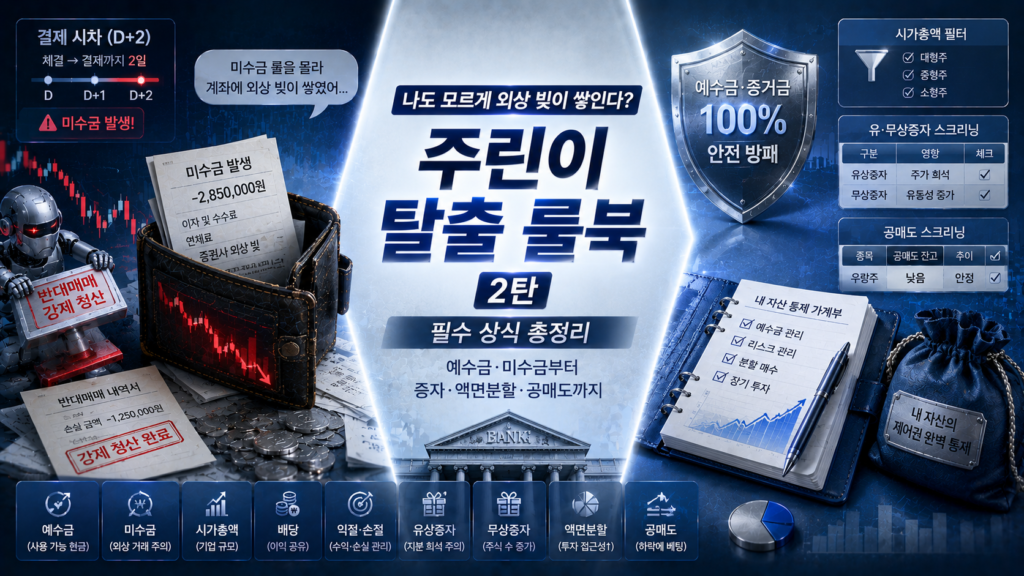 블루와 차분한 플래티넘 실버 배경 위에, 한쪽에는 주식 결제 시차(D+2)와 미수금 룰을 몰라 계좌에 외상 빚이 쌓이고 증권사 로봇에게 반대매매 강제 청산을 당해 잔고 누수를 겪는 하청업자형 초보 투자자의 지갑이 보이고 다른 한쪽에는 예수금 증거금 100% 방패와 시가총액 필터, 유무상증자 및 공매도 스크리닝 대조표를 양손에 든 채 내 자산의 제어권을 완벽히 통제하며 평온하게 자산을 우상향시켜 가는 스마트한 자산 경영가의 가계부 대장이 X자 구도로 배치되어 대조를 이루며, '나도 모르게 외상 빚이 쌓인다? 주린이 탈출 룰북 2탄: 예수금·미수금부터 증자·액면분할·공매도까지 필수 상식 총정리' 매거진 스타일의 요약 이미지