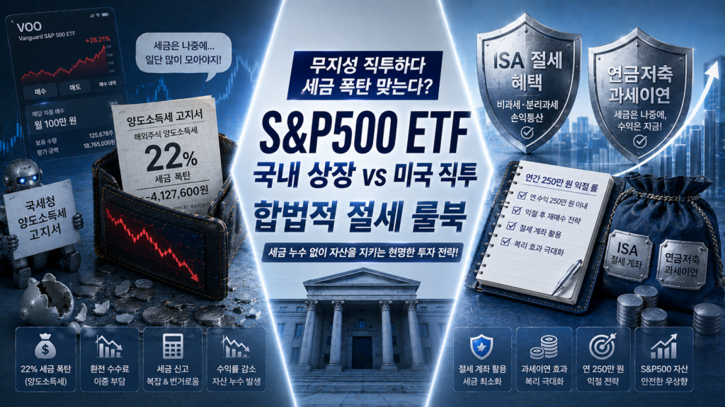 블루와 차분한 플래티넘 실버 배경 위에, 한쪽에는 매달 미국 직투 계좌로 VOO 주식을 무지성 매집했다가 추후 자산 매도 과정에서 국세청 로봇에게 22%의 양도소득세 폭탄 고지서를 받고 자산 누수를 겪 초보 투자자의 지갑이 보이고 다른 한쪽에는 ISA 절세 주머니와 연금저축 과세이연 방패, 연간 250만 원 익절 룰 스크리닝 대조표를 양손에 든 채 세금 누수 없이 S&P 500 자산 엔진을 안전하게 우상향시켜 가는 스마트한 자산 경영가의 가계부 대장이 X자 구도로 배치되어 대조를 이루며, '무지성 직투하다 세금 폭탄 맞는다? S&P 500 ETF 국내 상장 vs 미국 직투 합법적 절세 룰북' 매거진 스타일의 요약 이미지