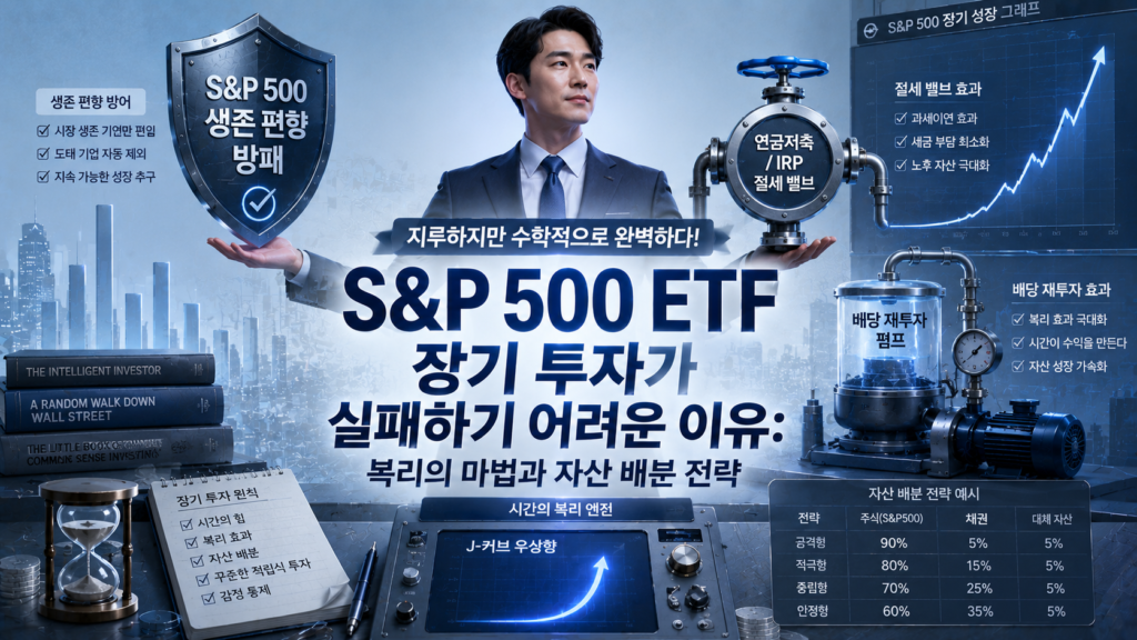 블루와 차분한 플래티넘 실버 배경 위에, S&P 500 생존 편향 방패와 연금저축/IRP 절세 밸브, 배당 재투자 펌프 시뮬레이션을 양손에 든 채 시간의 복리 엔진을 통제하며 J-커브 우상향을 그려가는 스마트한 자산 경영가의 가계부 대장이 '지루하지만 수학적으로 완벽하다! S&P 500 ETF 장기 투자가 실패하기 어려운 이유: 복리의 마법과 자산 배분 전략' 매거진 스타일의 요약 이미지