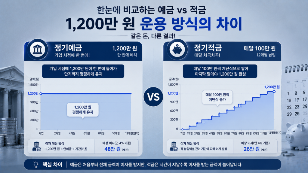 1200만원 운용시 정기예금 거치식과 정기적금 적립식 이자 계산 방식 차이 를 한눈에 비교하는 그래프 이미지
