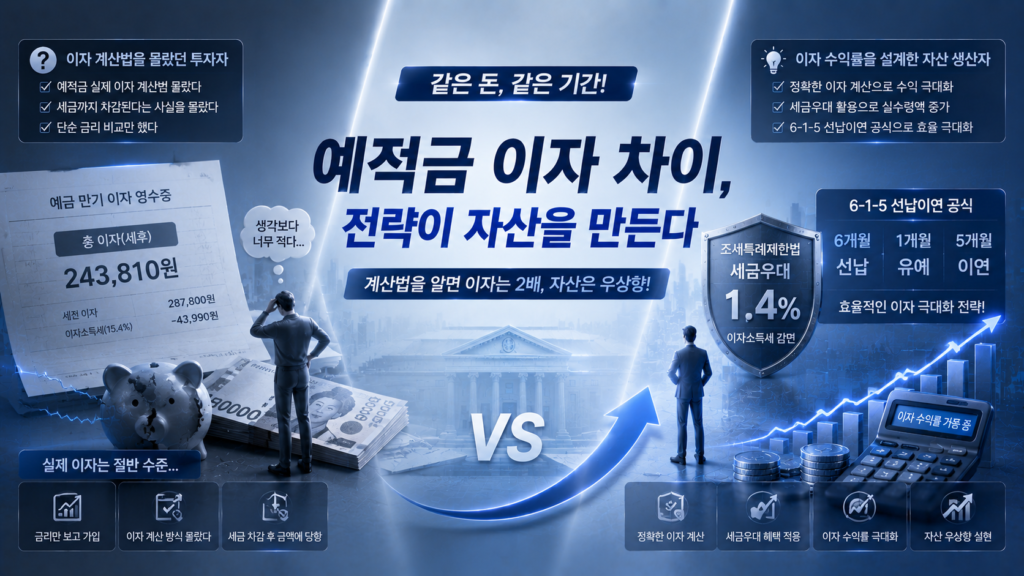 차분하고 신뢰감을 주는 블루 배경 위에, 한쪽에는 예적금 실제 이자 계산법을 몰라 만기 때 절반 수준의 이자 영수증을 받고 멍하니 서 있는 초보 투자자의 모습이 보이고 다른 한쪽에는 6-1-5 선납이연 공식 지표와 조세특례제한법 세금우대(1.4%) 쉴드를 들고 이자 수익률을 영리하게 가동하며 자산을 평온하게 우상향시키는 스마트한 자산 생산자의 가계부 대장이 대조를 이루는 감각적인 매거진 스타일의 이미지