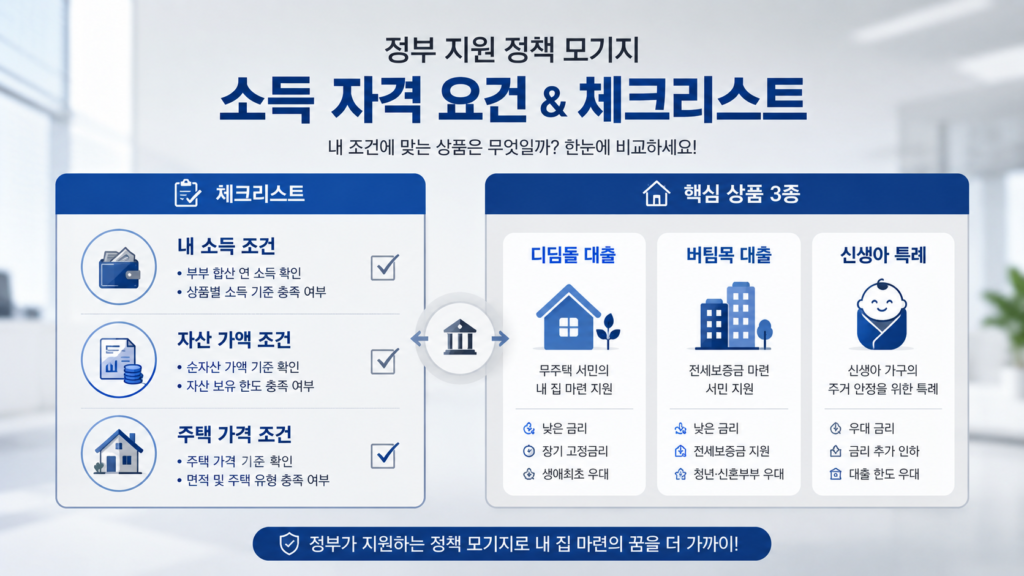 연한 그레이 배경에 블루 톤으로 좌측 영역에는 '체크리스트(내 소득, 자산 가액, 주택 가격 조건)'를 아이콘과 함께 배치하고, 우측 영역에는 대칭형 구조로 '핵심 상품 3종(디딤돌, 버팀목, 신생아 특례)'의 로고 형태의 픽토그램을 깔끔하게 정렬하여 한눈에 알아볼 수 있도록 레이아웃된 정부 지원 정책 모기지 상품별 소득 자격 요건과 체크리스트를 대칭형으로 비교한 요약 인포그래픽 이미지