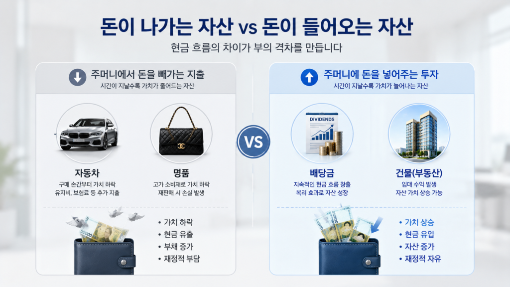 왼쪽 영역에는 '주머니에서 돈을 빼가는 지출(자동차, 명품 아이콘)'을 배치하고, 오른쪽 영역에는 '주머니에 돈을 넣어주는 투자(배당금, 건물 아이콘)'를 대칭형으로 레이아웃하여 자산과 부채의 흐름을 한눈에 비교할 수 있도록 단순하게 정리한 인포그래픽. 주머니에서 돈이 나가는 자산과 들어오는 자산의 현금 흐름 차이를 대칭형으로 보여주는 요약 이미지