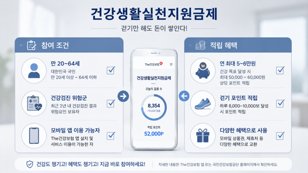 건강생활실천지원금제 지원 대상과 유형별 적립 혜택을 대칭형 구조로 비교한 요약 인포그래픽 이미지