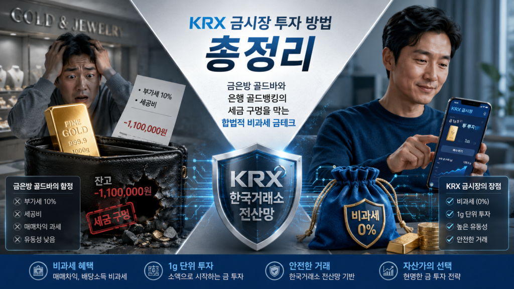 블루와 차분한 플래티넘 실버 배경 위에, 한쪽에는 금은방에서 비싼 부가세 10%와 세공비를 주고 산 골드바 때문에 마이너스 잔고 구멍이 뚫려 당황해하는 초보 투자자의 지갑이 보이고 다른 한쪽에는 KRX 한국거래소 전산망 방패와 비과세(0%) 절세 주머니를 장착하고 스마트폰 일반 주식 계좌 앱을 통해 1g 단위로 세금 없이 영리하게 금을 수집하며 평온하게 우상향 잔고 그래프를 그려가는 자산가의 자산 경영 대장이 X자 구도로 배치되어 대조를 이루며, 'KRX 금시장 투자 방법 총정리: 금은방 골드바와 은행 골드뱅킹의 세금 구멍을 막는 합법적 비과세 금테크 내용의 매거진 스타일 이미지