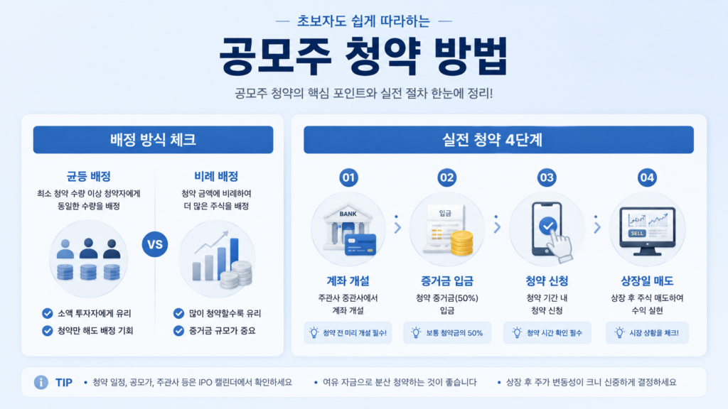연한 하늘색 바탕의 모던하고 단순한 카드 뉴스 구조. 좌측 영역에는 '배정 방식 체크(균등 배정 vs 비례 배정 아이콘)'를 배치하고, 우측 영역에는 대칭형 구조로 '실전 청약 4단계(계좌개설 -> 증거금입금 -> 청약신청 -> 상장일매도)'를 정렬하여 스마트폰 화면에서도 한눈에 프로세스를 파악할 수 있도록 구성한 인포그래픽 이미지